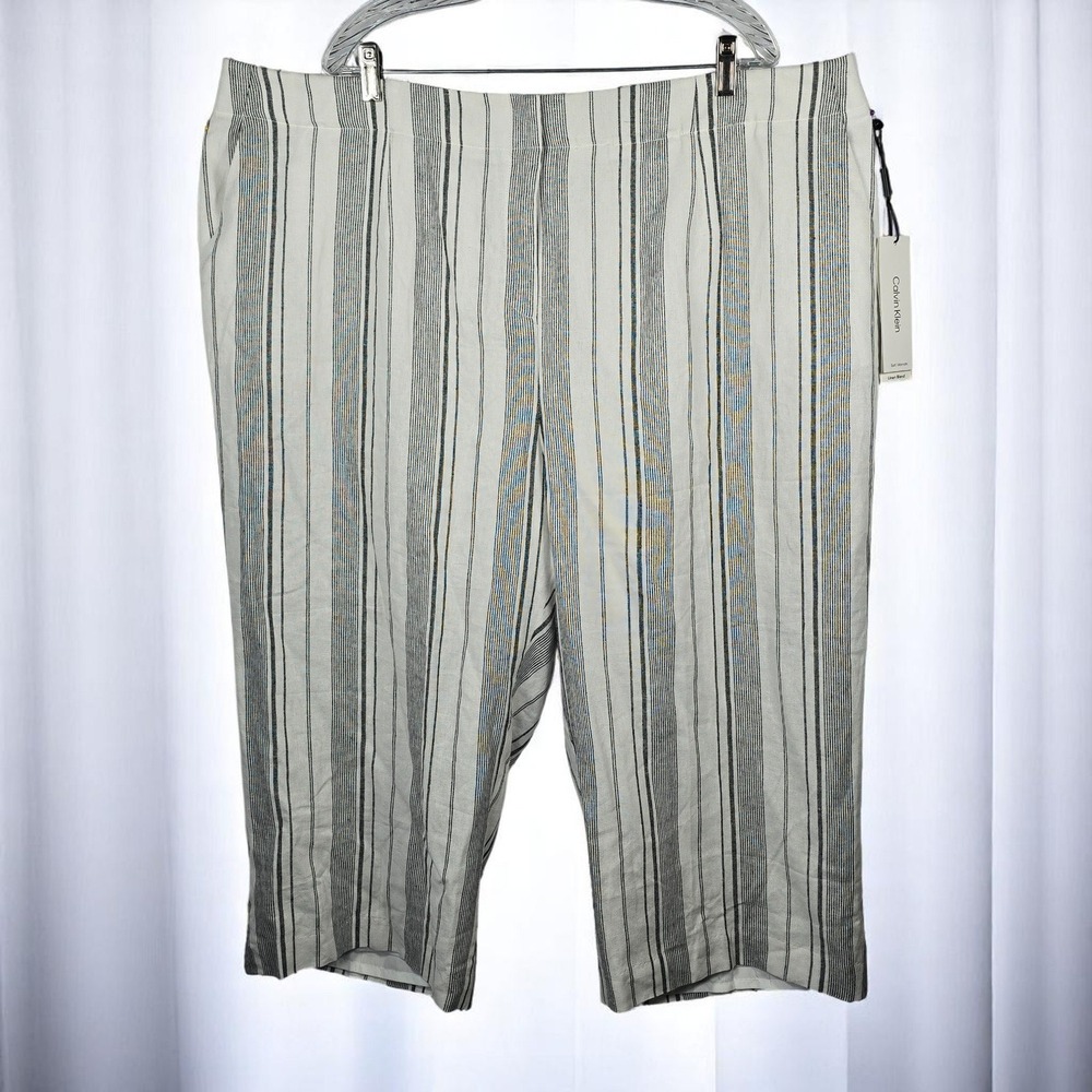 Calvin Klein Linen Blend Striped Cropped Pants Woman 22W White Lined Casual NWT